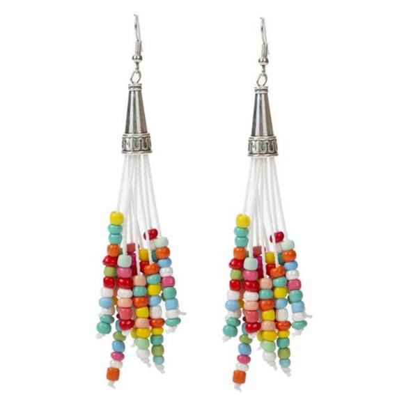 New Silver Boho Hippie Tassel Woven Beaded Earrings Festival - Picture 2 of 4